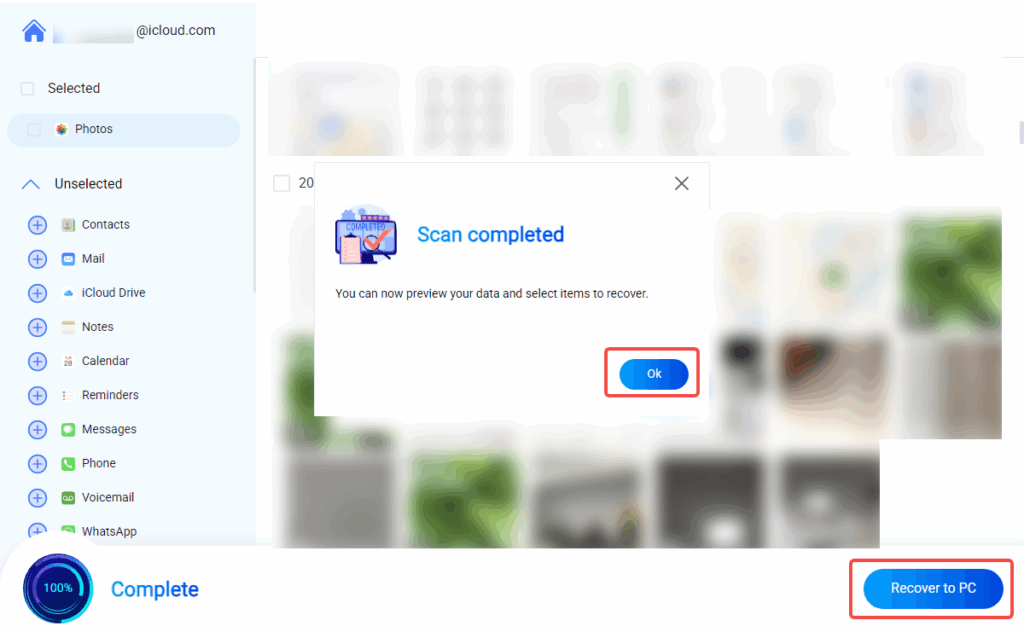 Browse recoverable photos, select items, and recover to PC