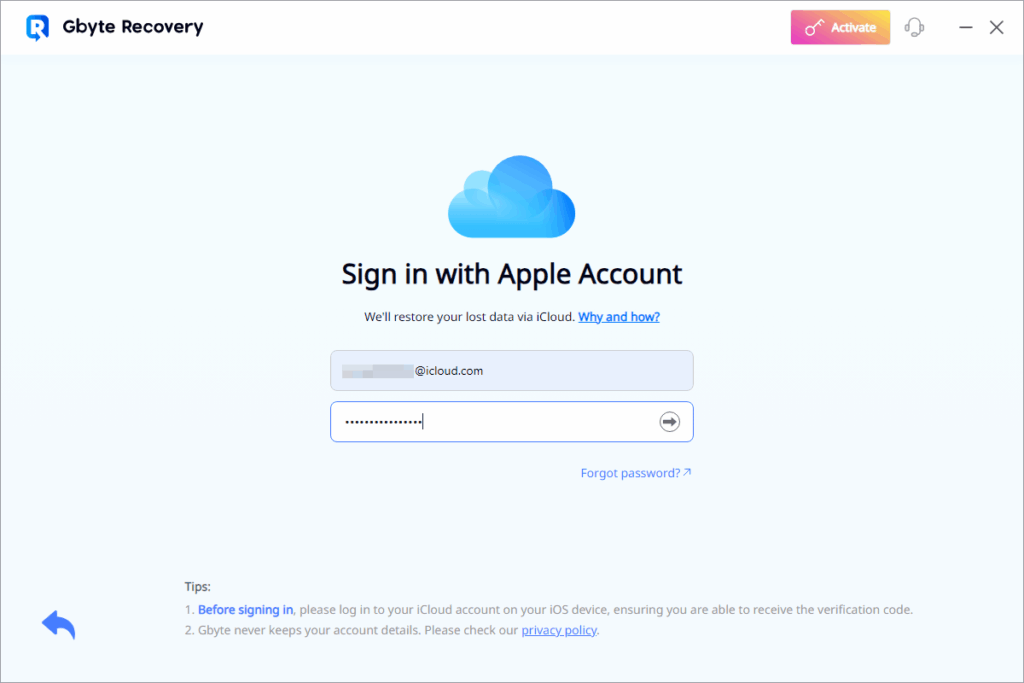 Log in to iCloud to connect your iPhone; start Deep Scan