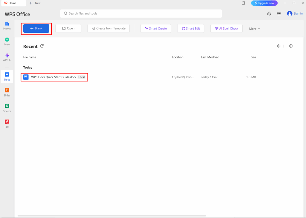 Start WPS Office and Choose ‘Docs’