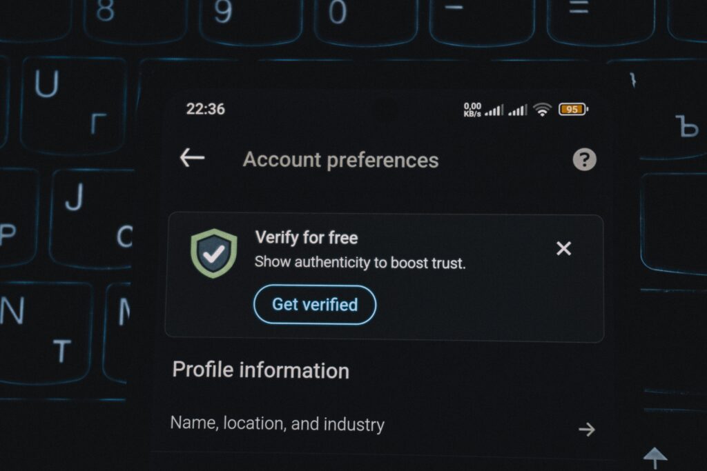 Account security settings screen showing a user verification prompt on a digital platform interface